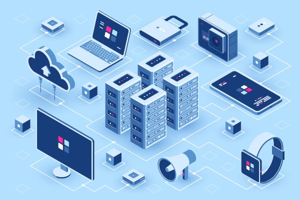 Computer technology isometric icon, server room, digital device set, element for design, pc laptop, mobile phone with smartwatch, cloud storage, flat vector illustration